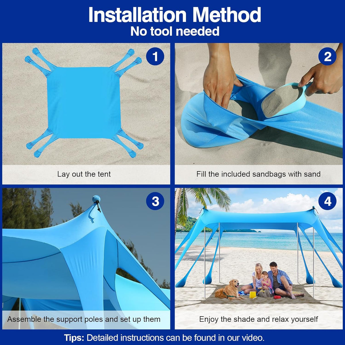 Rhino Valley Strandtent, 7 x 6,5 FT strandschaduw UPF50+ bescherming, strandluifel met 8 zandzakken, 4 stabiliteitspalen, outdoor strandtent, zonnescherm voor zand, camping, visbenodigdheden