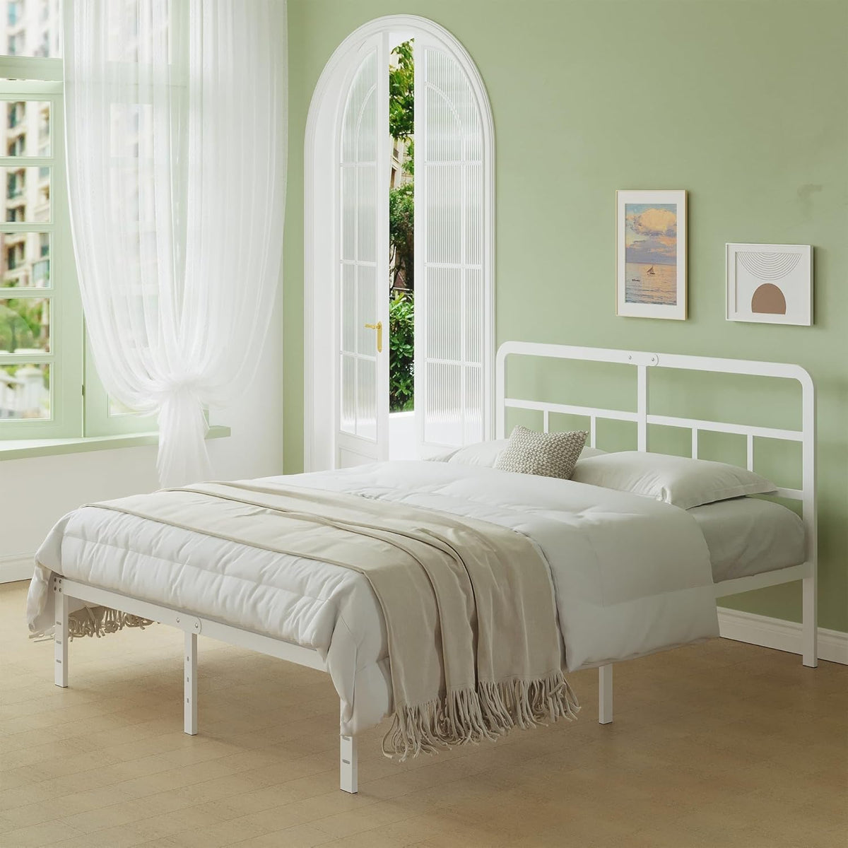 Lutown-Teen Metalen Bedframe 135x190 cm met Gebogen Hoofdbord, Hoogte 36cm, Dubbelbed Frame 135 x 190 met Lattenbodem Van Metaal, Opbergruimte onder het bed, Eenvoudige Montage, Wit