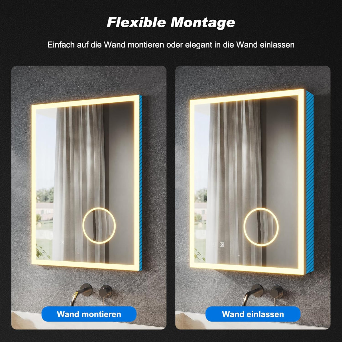 SONNI Led-spiegelkast voor badkamer, met 3-voudige vergrotingsspiegel en stopcontact, 70 x 50 cm, aluminium spiegelkast met touch-schakelaar, 3 lichtkleuren + deogging, IP44 waterdicht