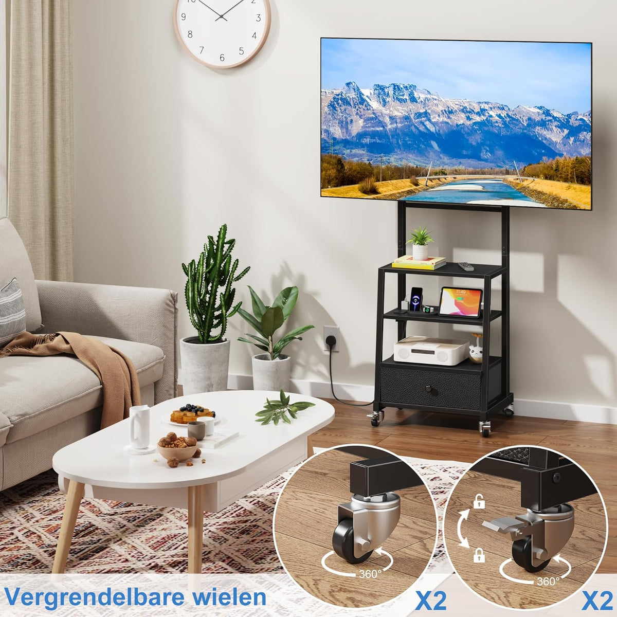 Verrijdbare TV Standaard Met Beugel En Stopcontact – TV Meubel – TV Trolley – TV Statief – TV Kar – In Hoogte Verstelbaar – Geschikt Voor 32–75 Inch TV's