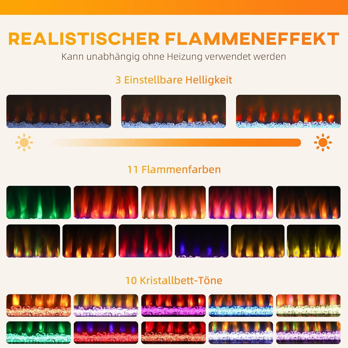Elektrische Haard – Open Haard – Wandhaard – Sfeerverwarming – Decoratieve Haard – 2000W Vermogen – 11 Vlamkleuren & 10 Kristalopties
