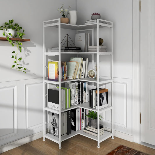 VEDECASA 5-Laags Hoekboekenkast Groot 5-verdiepingen Hoog Hoekrek Vloerstaand Modern Hoekboekenkast Boekenkast met Metalen Frame Open Planken voor Woonkamer Slaapkamer Kantoor Wit