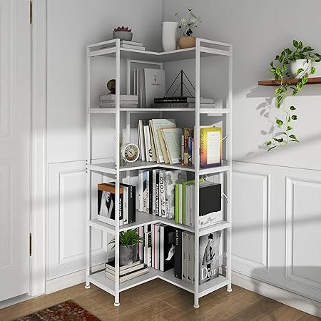 VEDECASA 5-Layer Corner Bookcase Large 5-storey High Corner Rack Floorstanding Modern Corner Bookcase Bookcase with Metal Frame Open Shelves for Living Room Bedroom Office White - QUORE