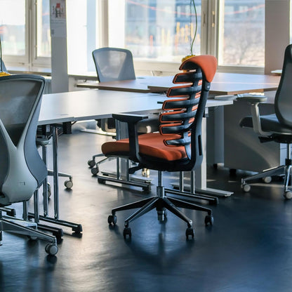 Ergonomische bureaustoel – Bureaustoel Draaistoel Kantoorstoel Werkstoel Designstoel – Vijfvoudig Verstelbare Armleuningen – Geïntegreerde Lendensteun – Traploze Hoogteverstelling – Synchroonmechanisme – Oranje Stof