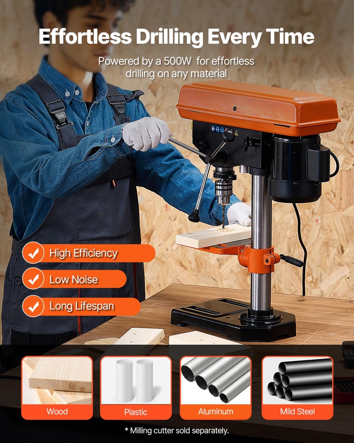 VEVOR Kolomboormachine met 500 W inductiemotor, instelbare snelheid 500/890/1400/1900/2500 omw/min, werkblad kantelbaar van 0 tot 45 graden, 203,2 mm voor hout en metaal