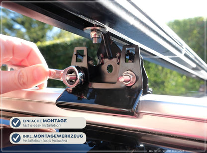 CampAir Autodakluifel met UV50+, zonnezeil met bies voor SUV, auto, bestelwagen en campingbussen, 2000 mm WS, incl. telescoopstangen en dakdragers, zwart, 6 kg
