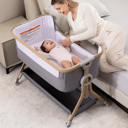 Larex Bijzetbed voor baby's, 3-in-1 babybed met muggennet, opbergtas en mand, in hoogte verstelbaar 5-traps babybed, 4 wielen met rem, ademend matras en mesh (donkergrijs)