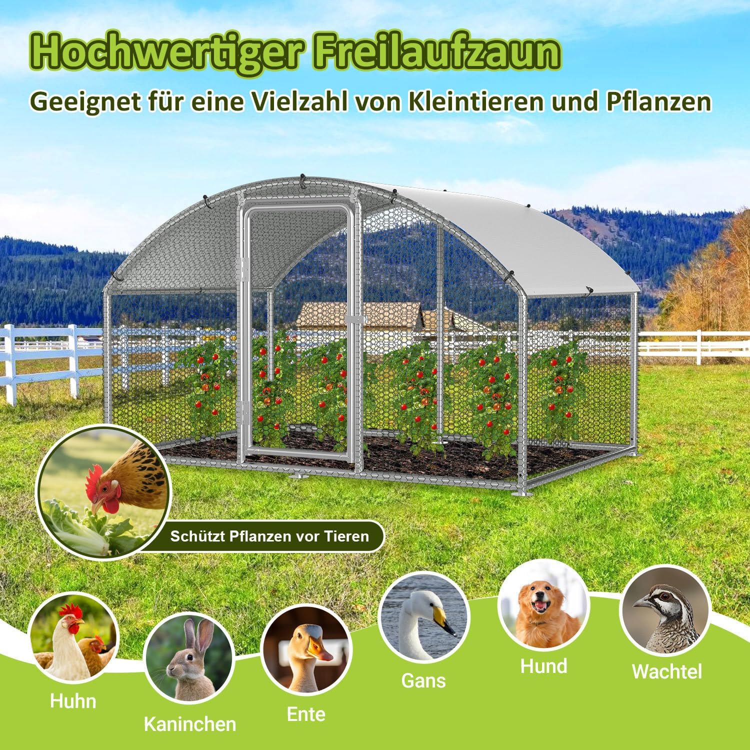 Chicken Coop Outdoor Run 3 x 2 x 2 m Chicken Coop Dome Roof Galvanised Steel Poultry Stable for Chickens, Rabbits, Geese and Pigeons and Quails, Metal Run with Net - QUORE