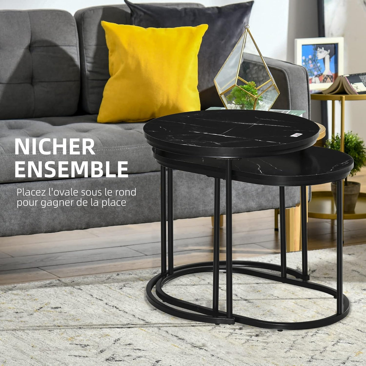 HOMCOM Salontafels, uittrekbaar, van staal en MDF-plaat, marmerlook, ronde en ovale tafel, zwart, 2 stuks