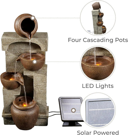 Teamson Home Buiten Tuin Water Fontein - Waterornament - Zonne-Energie - 4 Lagen Pot Ontwerp - Waterval - Tuindecoratie - Binnen & Buiten - Met Pomp - 31 x 26.2 x 72.4 (cm)