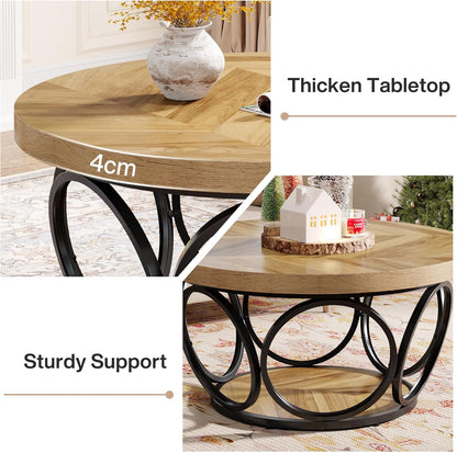Tribesigns Round Coffee Table 80cm, Large Round Wooden Coffee Table with 2 Levels, Farm Style Living Room Table with Storage Space, Modern Industrial Tea Table in Brown Wood Grain
