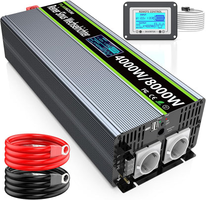 FLAMEZUM 4000 W Power Inverter,Omvormer 12V naar 230V Zuivere Sinus spanningsomvormer, 2 EU Stopcontact met USB-uitgang,Afstandsbediening,Geschikt voor koelkasten,Elektrisch Gereedschap