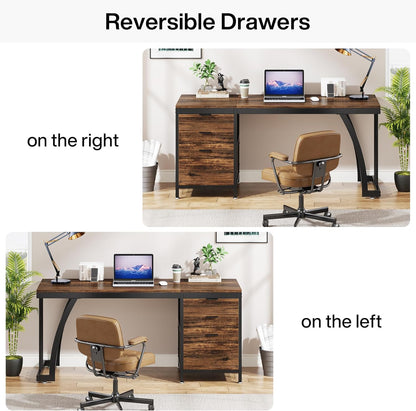Tribesigns Computer Table with 3 Drawers, 150cm, PC Desk with Reversible Drawers, Industrial Desk with File Drawer for Home Office, Rustic Brown