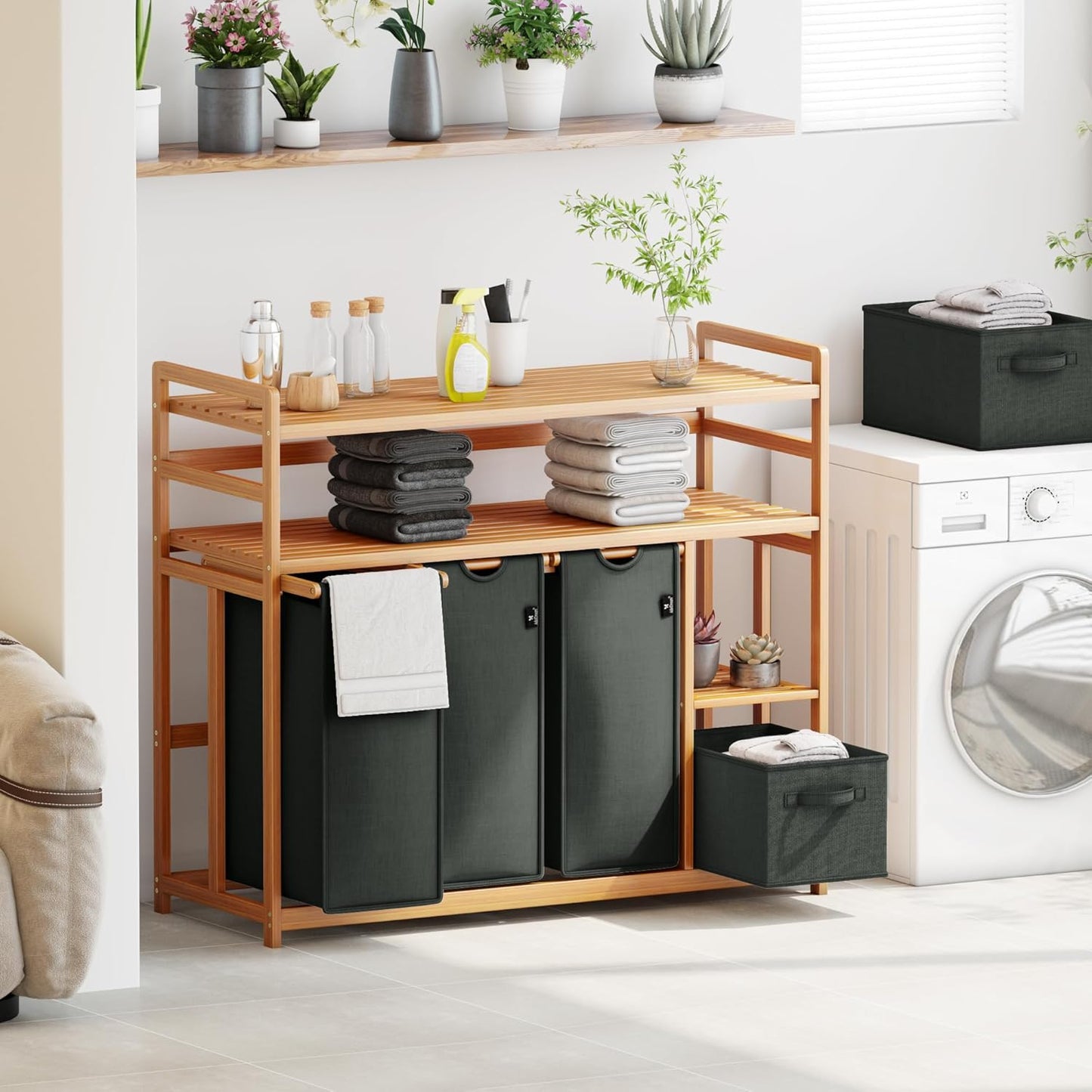 ADEL DREAM Wasmand 5 vakken, 2 planken, wasverzamelaar, 190 liter, wasboxen met mand, wassorteerder met 3 waszakken en 2 stoffen boxen, waszak, bamboe, wasrek, wasmand, laundry basket, donkergrijs