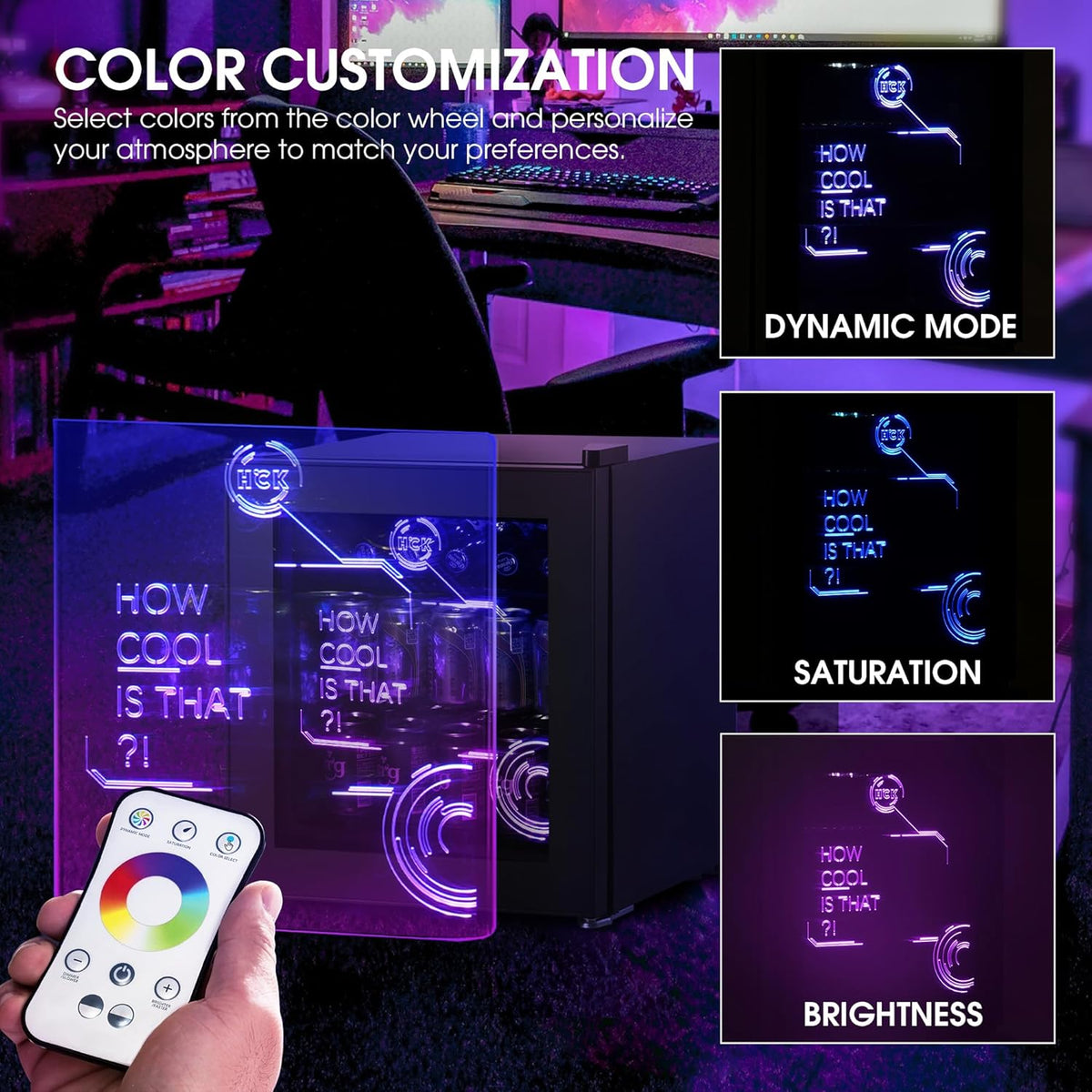 HCK 48L Cyberpunk Bierkoelkast met Moderne RGB Verlichting, Mini Koelkast met Glazen Deur, Dranken Koelkast Gaming Koelkasten, 0-15°C Regeling, voor Slaapkamers, Gaming Room, Feesten, Zwart