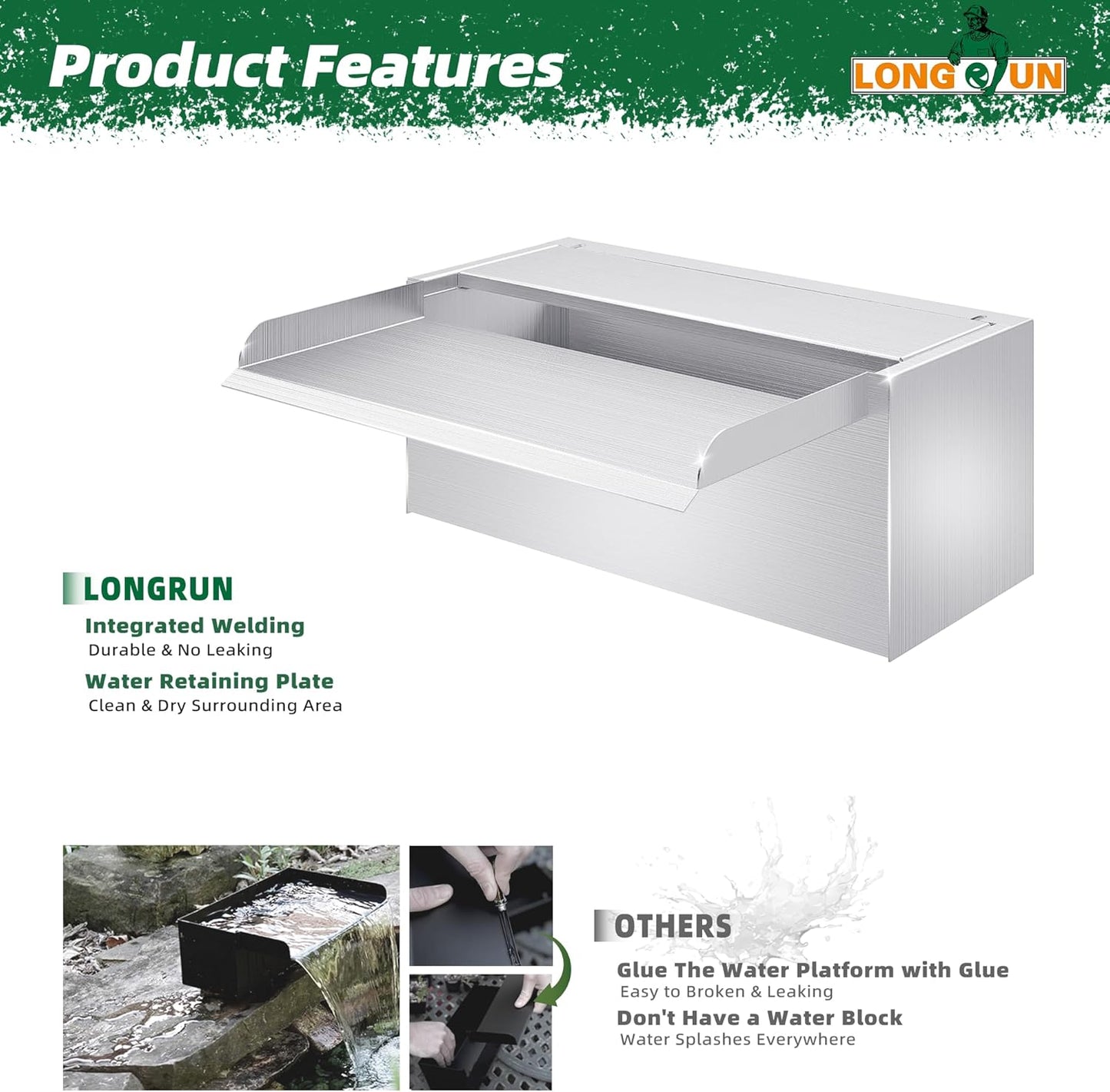 LONGRUN 30 cm vijver waterval, 304 roestvrij staal, zwembadwaterval met waterpomp, 7 kleuren Bluetooth LED tuinfontein