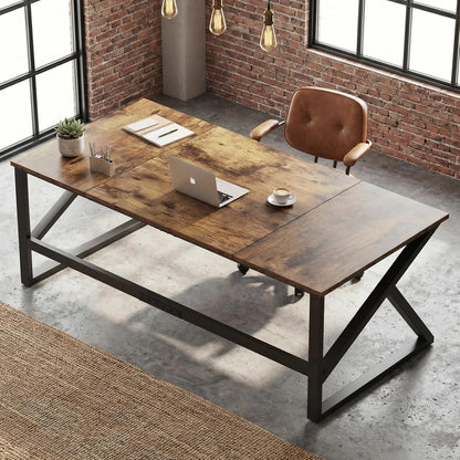 IBF Bureau in bruin-bruine kleur met een lengte van 70 inch, industrieel groot dubbel bureau van metaal en hout voor computer, lange bureautafel voor thuis 180 cm