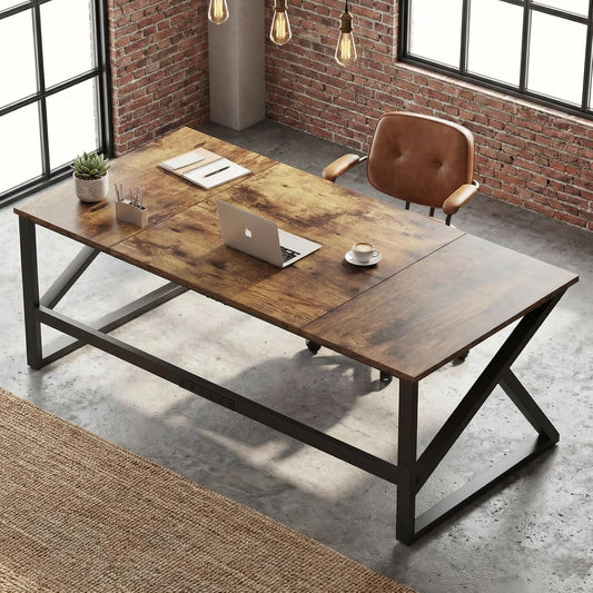 IBF Bureau in bruin-bruine kleur met een lengte van 70 inch, industrieel groot dubbel bureau van metaal en hout voor computer, lange bureautafel voor thuis 180 cm