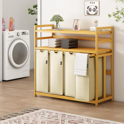 AdelDream Wasmand, 200 liter, 4 vakken, uittrekbare en afneembare waszak, wasmand, bamboe frame, wasmand, wasmand, wasmand, wasmand, wasmand, wasmand, wassorteerder, bamboe (beige-12-8)