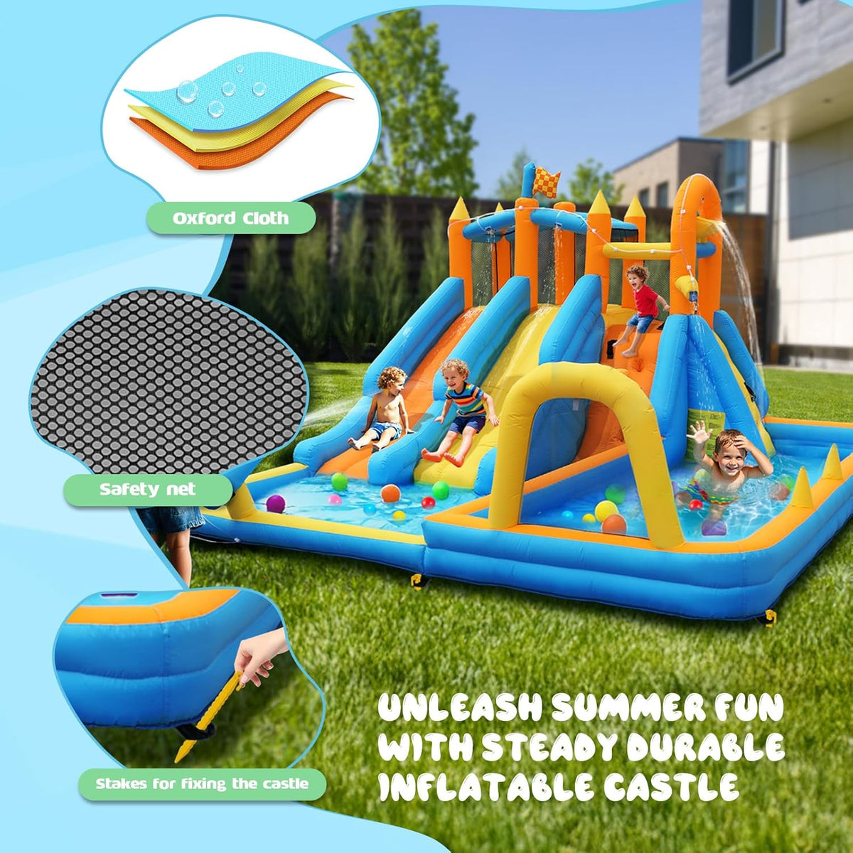 FOOING Opblaasbaar waterglijkasteel met 2 glijbanen, klimwand, basketbalhoepel, springhuis voor kindertuin, springkasteel voor zomer, buitenzwembad, feest met veiligheidsnet