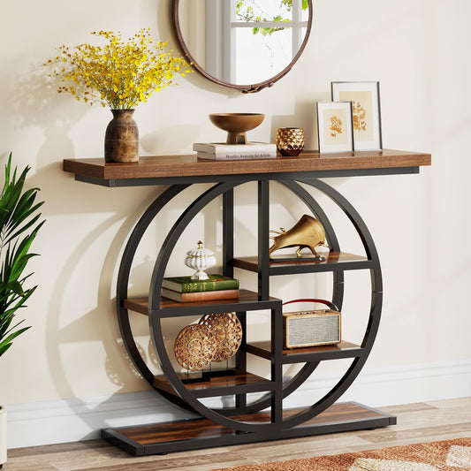 Tribesigns Console Table, 105cm Industrial 6 Tier Sofa Table, Entrance Table with Circle Base, Narrow Wooden Accent Tables with Storage Shelves for Living Room, Hallway, Foyer, Rustic Brown