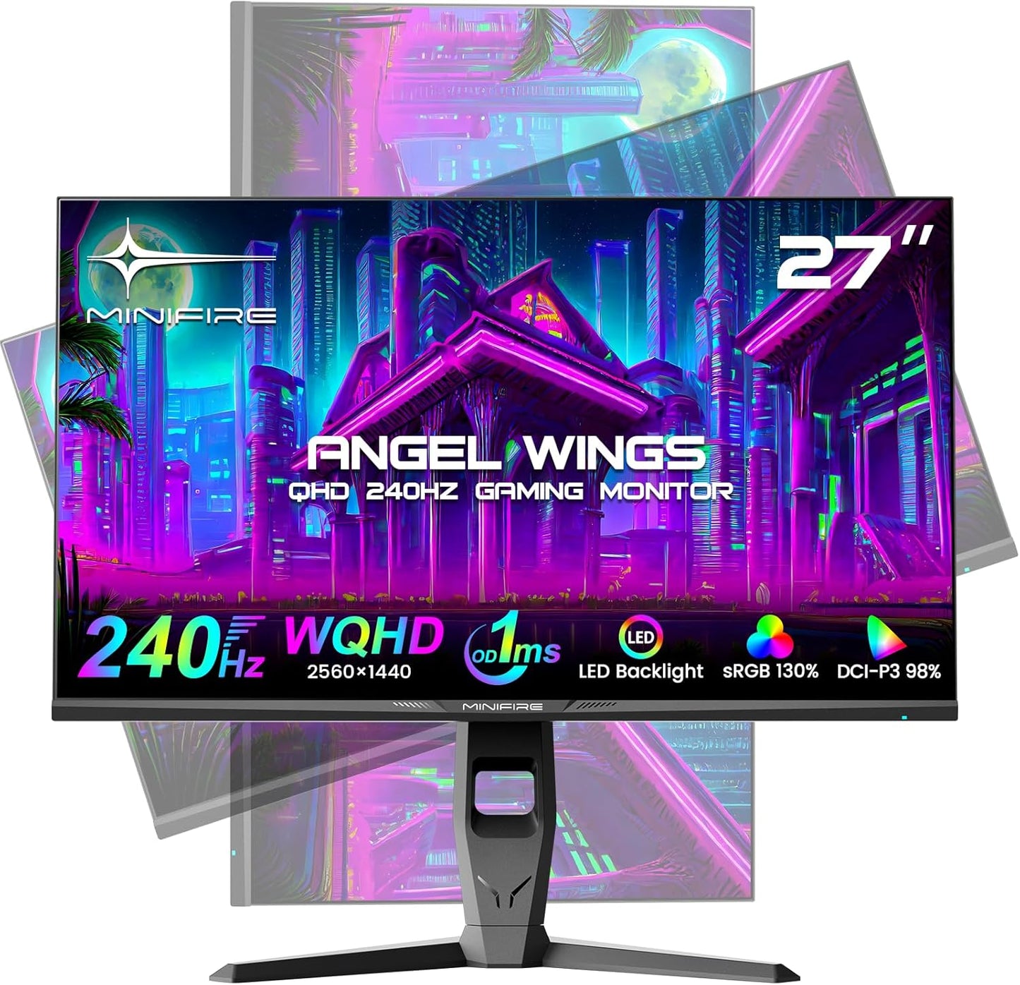 Minifire 27 gaming pc-monitor, 260 Hz, Fast IPS gaming-monitor, QHD 2K 2560 x 1440p, 1 ms, wit display, Freesync, 130% sRGB, HDR10, zwak blauw licht, VESA 100 x 100, 2 x DP1.4/2×HDMI 2.0 - zwart