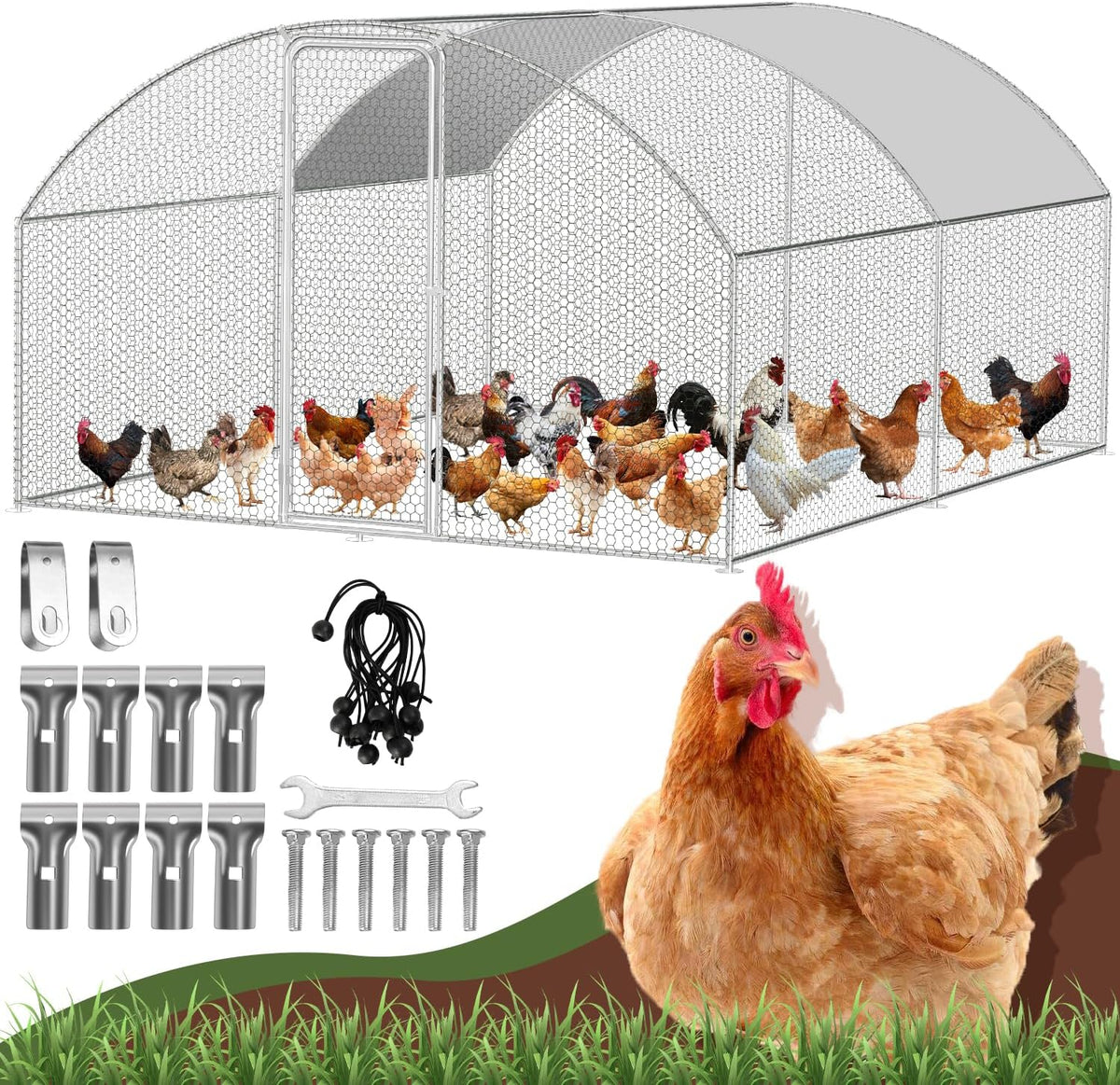 Chicken Coop Free Running 3x4x2m Galvanized Steel, Chicken House Dome Roof with Lock and Waterproof PE Color Cloth, Quick to Clean, for Chicken Cage Bird Cage