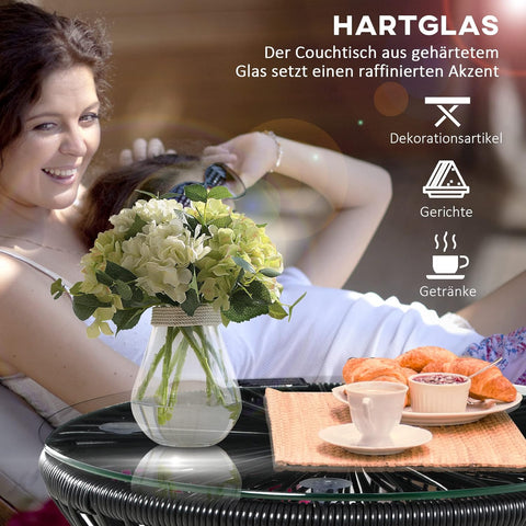 Tuintafel - Tuintafel Rond - Bijzettafeltje - Rattenbijzettafel - Bistrotafel, Salontafel - met Glazen Tafelblad - Boho-Stijl - voor Terras - Tuin - Ø40 x 42 cm - Zwart