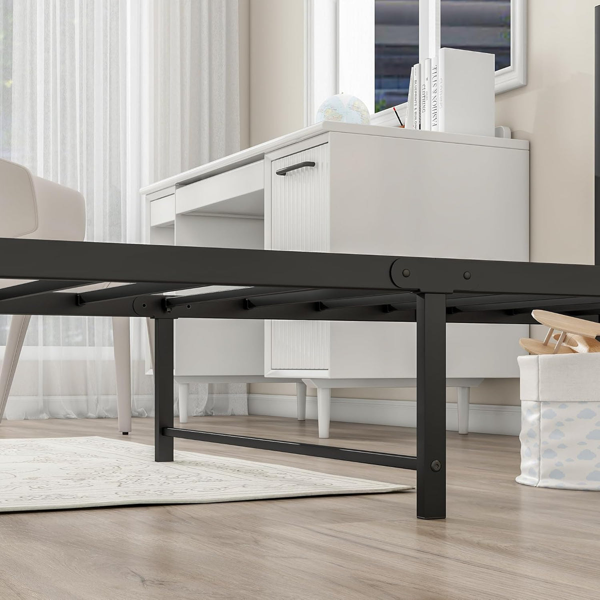 Eenpersoonsbedframe van massief metaal, met houten hoofdeinde, sterk ijzer, platformbedframe, eenpersoonsbed, geen boxspringbed nodig, matrasfundering, opslag onder het bed