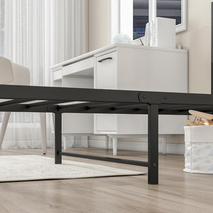 Eenpersoonsbedframe van massief metaal, met houten hoofdeinde, sterk ijzer, platformbedframe, eenpersoonsbed, geen boxspringbed nodig, matrasfundering, opslag onder het bed
