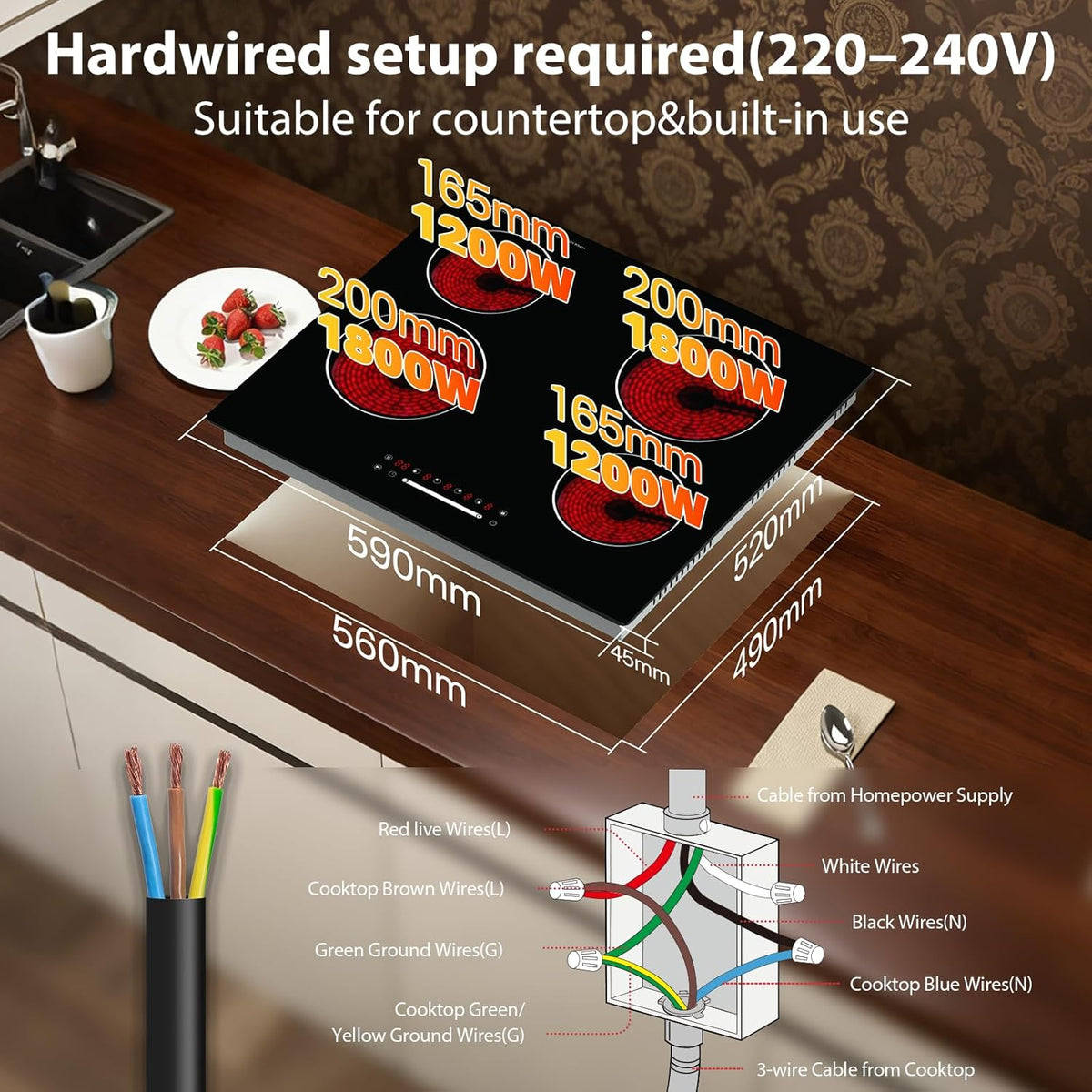 60cm keramische kookplaat 4 zone, 6000W elektrische kookplaat, slider touch control, enkele zone verwarming, ingebouwde kookplaat