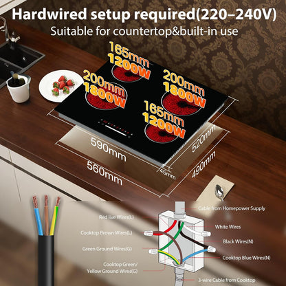 60cm keramische kookplaat 4 zone, 6000W elektrische kookplaat, slider touch control, enkele zone verwarming, ingebouwde kookplaat
