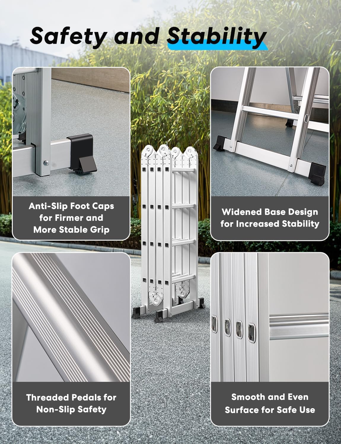 6-in-1 multifunctionele ladder, 4,7 m, inklapbare aluminium ladder, 4 x 4 scharnierende ladder met 16 treden, antislip, stabiel en robuust, tot 150 kg belastbaar, zilver