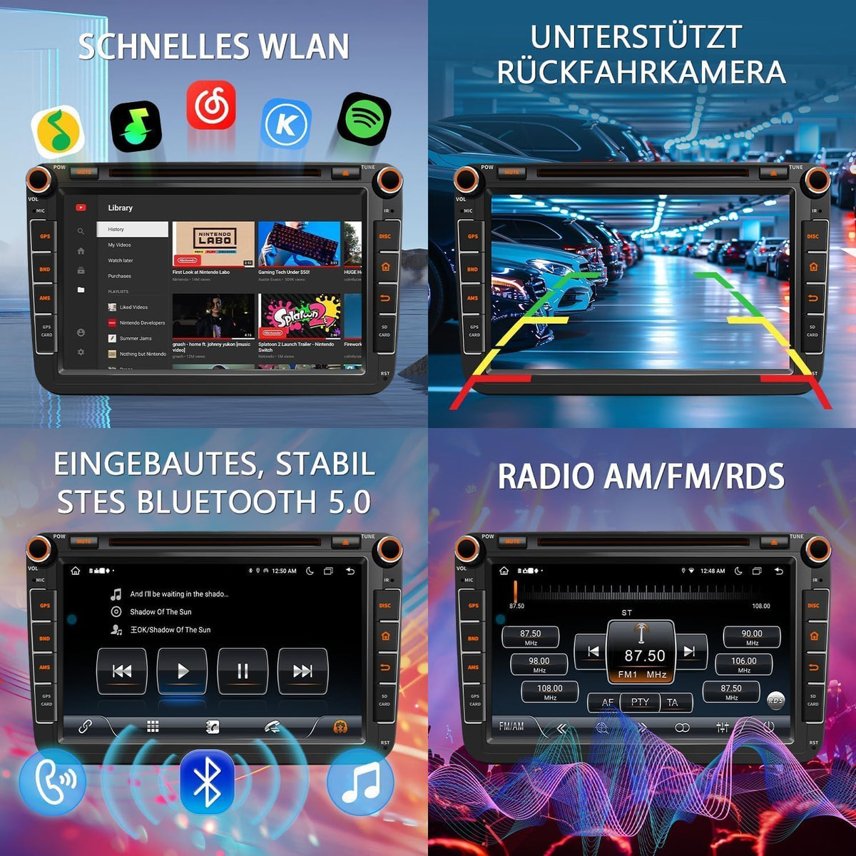 8 inch 4G + 64G Android 14 autoradio met navigatie voor VW T5 Golf 5 6 Polo Sharan Seat Passat Tiguän, dubbele DIN-radio, IPS-scherm, mediareceiver met CarPlay Android Auto Bluetooth PDC RDS-CD