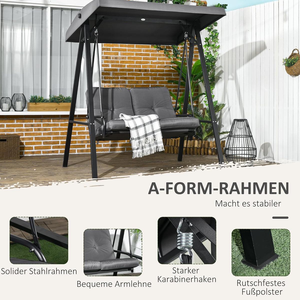 Tuinschommel 2-Persoons – Schommelbank – Tuinbank – Buitenbank – Zitschommel – Verstelbare Zonneluifel – Gepoedercoat Stalen Frame – Comfortabele Dikke Kussens – Donkergrijs