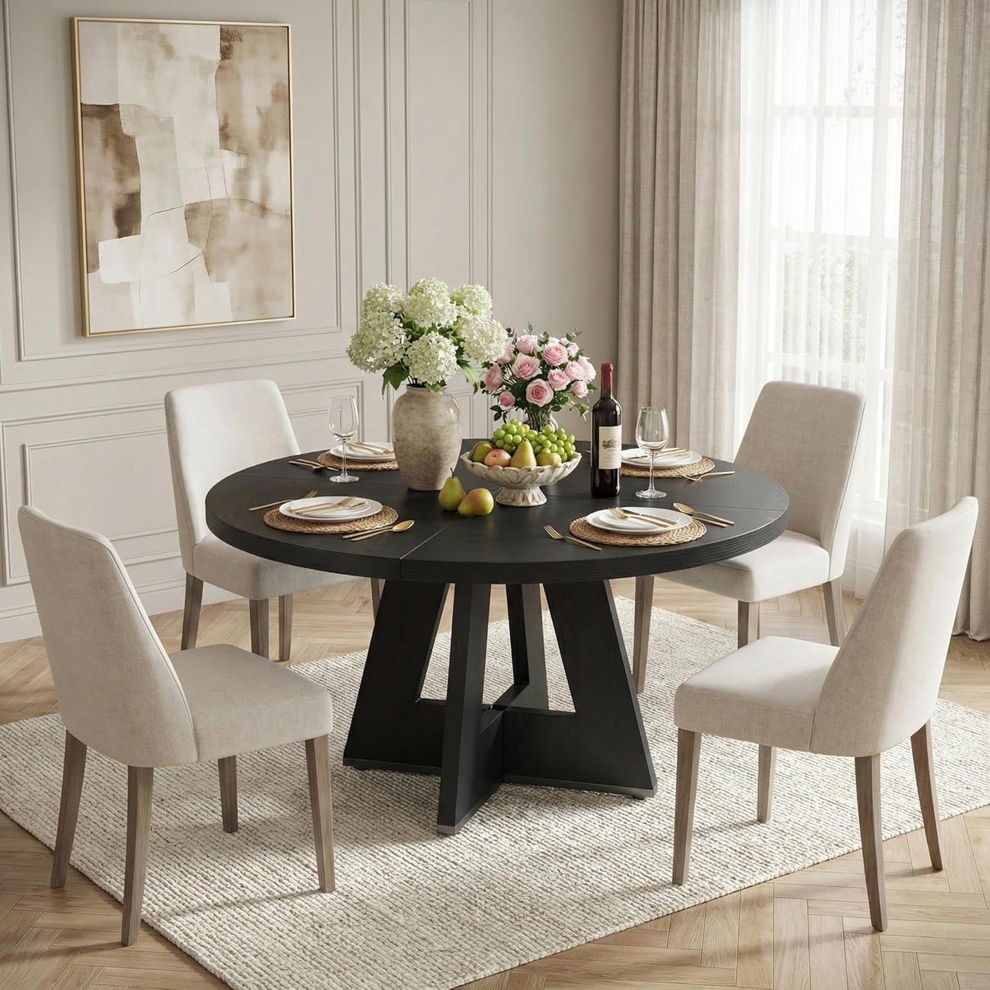 Lailang 120cm Eettafel, Ronde Eetkamertafel, Industrial Dining Table, Houten Eettafel, Dining Table for 4, Modern Eetkamertafel, 120 x 120 x 75 cm, Black