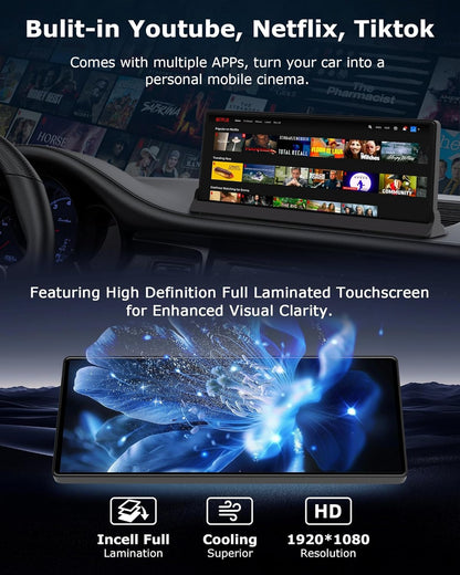 【4-in-1】Carplay Android Auto Scherm voor in de Auto met YouTube/Netflix/Tiktok, Exclusieve Houder 10,26 inch Carplay-scherm Car Play Autoradio met Achteruitrijcamera Dual-band WLAN, Bluetooth