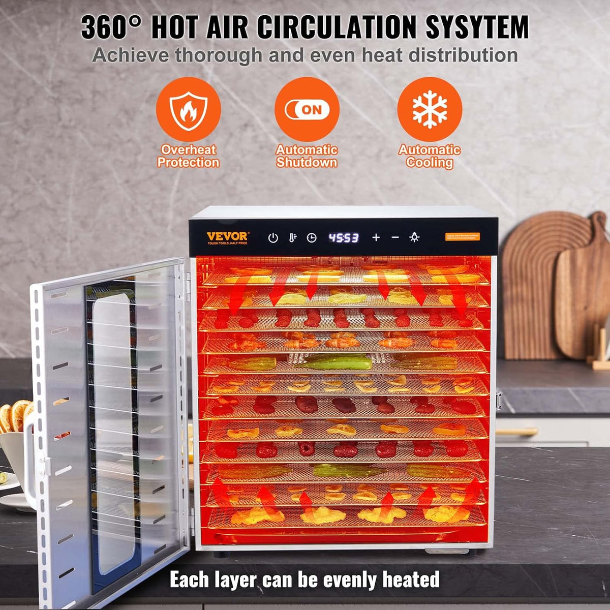 VEVOR Voedseldroger met 10 vakken, roestvrij staal, 1000 W, elektrisch, voor groenten en fruit, instelbare temperatuur van 30 tot 90 °C, timer, 0,5-48 uur, voor kruiden, vlees