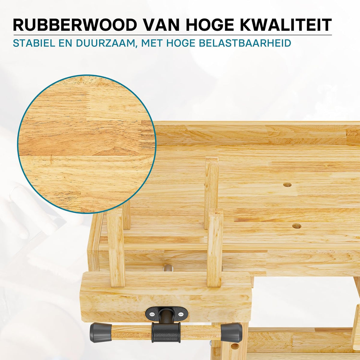 Workbench 145x49x86cm wood (Rubberwood) with drawer, storage box, collet and vises
