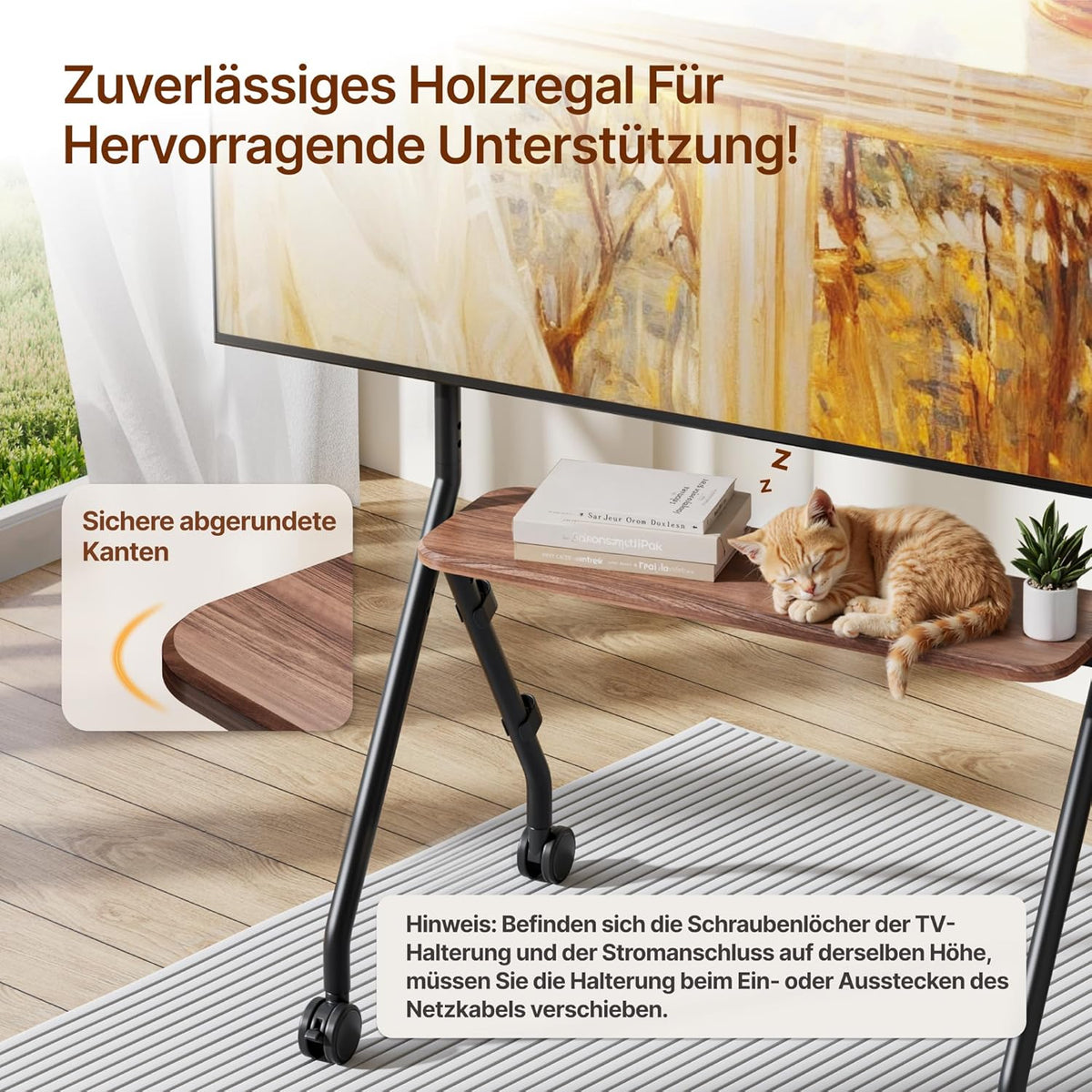 Tv-standaard oprolbaar voor 49-80 inch televisie, 50 kg draagkracht, portret- en landschapsformaat, stabiele mobiele tv-wagen met plank, max. VESA 600x400mm (zwart)