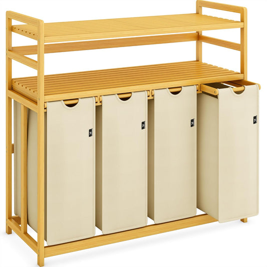 AdelDream Wasmand, 200 liter, 4 vakken, uittrekbare en afneembare waszak, wasmand, bamboe frame, wasmand, wasmand, wasmand, wasmand, wasmand, wasmand, wassorteerder, bamboe (beige-12-8)