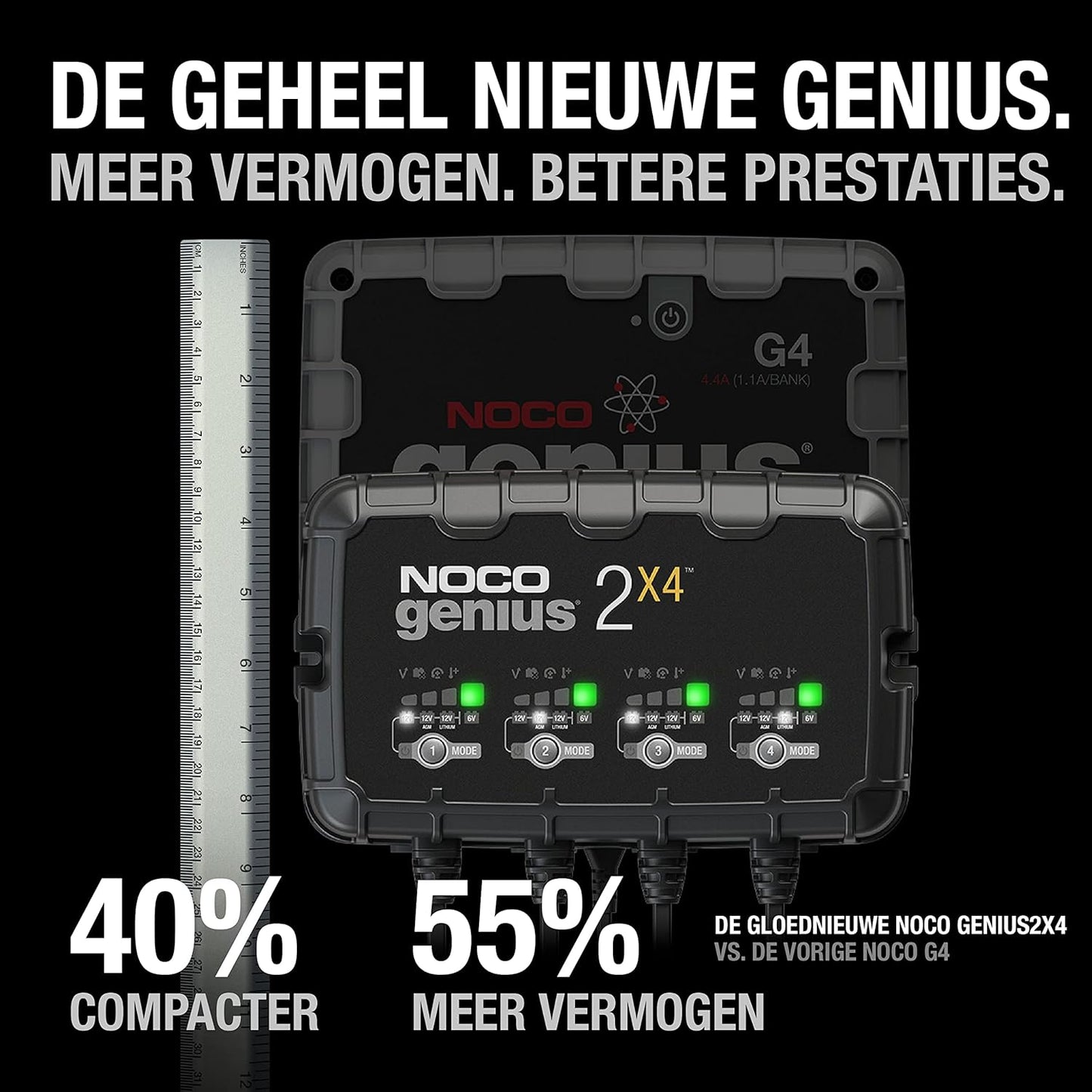 NOCO GENIUS2X4, 8A 4-Bank Automatische Oplader (2A per Bank), 6V en 12V Batterijlader, AGM, SLA, Gel en Lithium Auto-Acculader, Onderhoudslader, Druppellader en Desulfator - Auto, Motorfiets, ATV, RV
