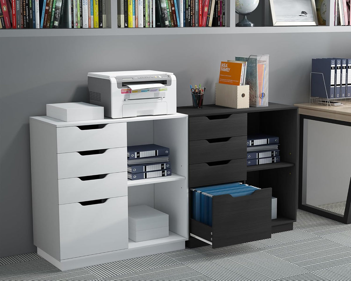 EasyPAG Houten zijarchiefkast met 4 laden, A4-formaat formaat hangmap, archiefkast, printerstandaard met open opbergplank voor kantoor en thuis, wit