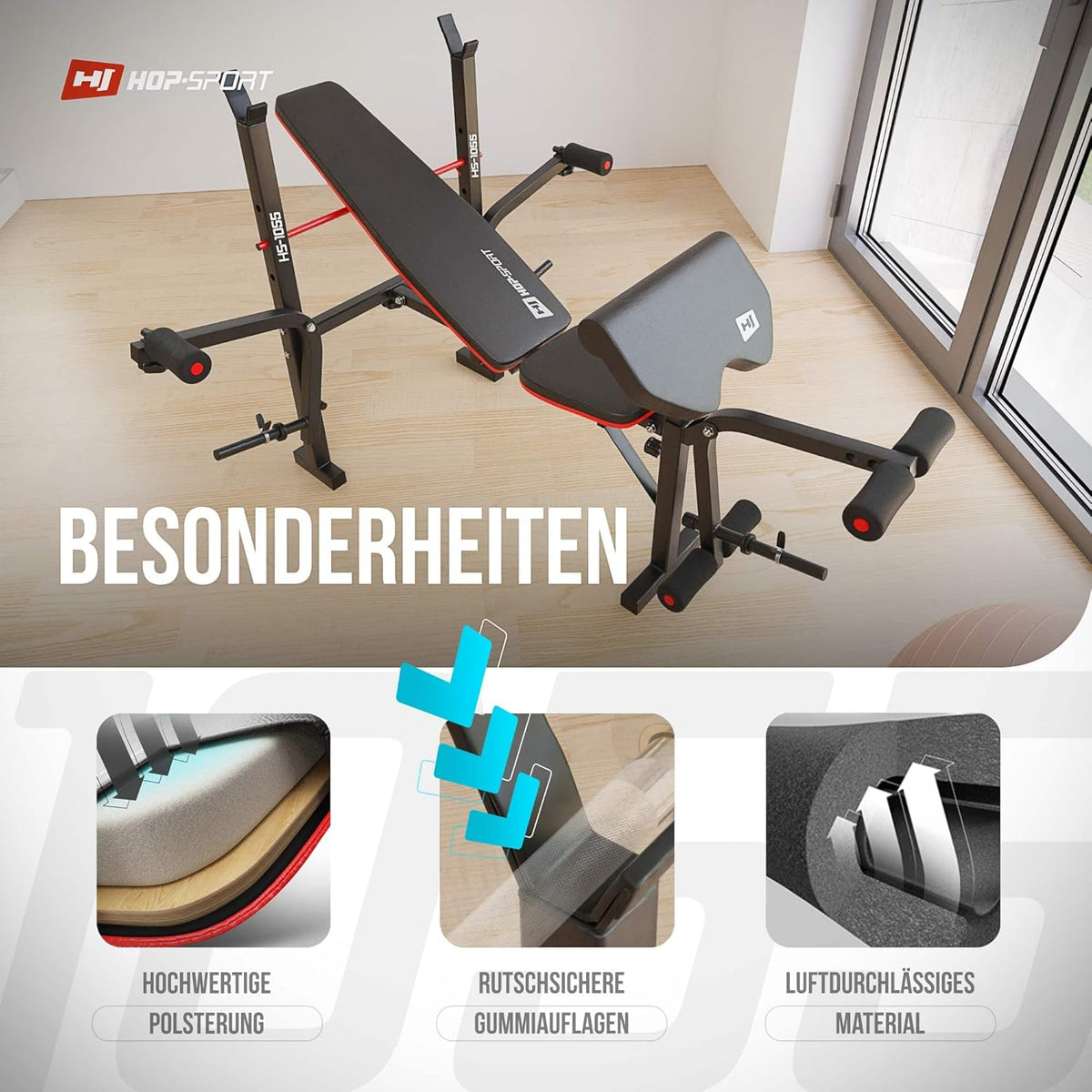 Hop-Sport Adjustable Fitness Bench HS-1055 with Curlpult, Butterfly and Leg Curler incl. 38 kg - 130 kg Dumbbell Set of Choice Long and Curl Bar - QUORE