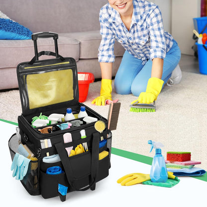 LoDrid Rolling Cleaning Caddy met Deksel, Schoonmaakbenodigdheden Organizer met Afneembare Trolley, Reiniging Caddy Cart op Wielen met Handvat en Schouderriem voor Huishoudsters Zwart