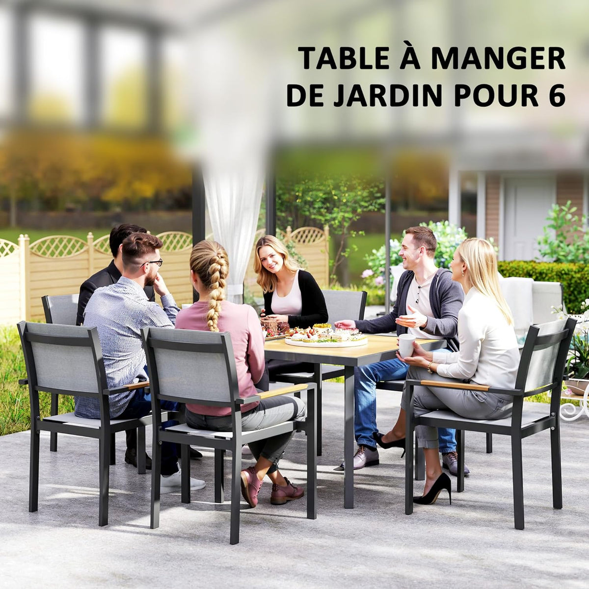 Outsunny Dining Table for 6 People, Garden Table with Rectangular Tabletop in Wood Look, Stainless Steel, for Patio, 150 x 90 x 72 cm, Natural Wood