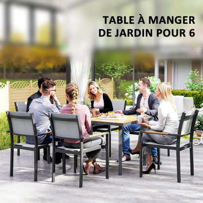 Outsunny Dining Table for 6 People, Garden Table with Rectangular Tabletop in Wood Look, Stainless Steel, for Patio, 150 x 90 x 72 cm, Natural Wood