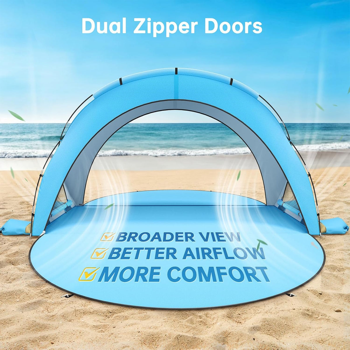 Raynesys Strandtent voor 1-6 personen, 2 deuren met ritssluiting, zonwering, uv-bescherming UPF50+, draagbare strandtent voor camping en vissen, blauw