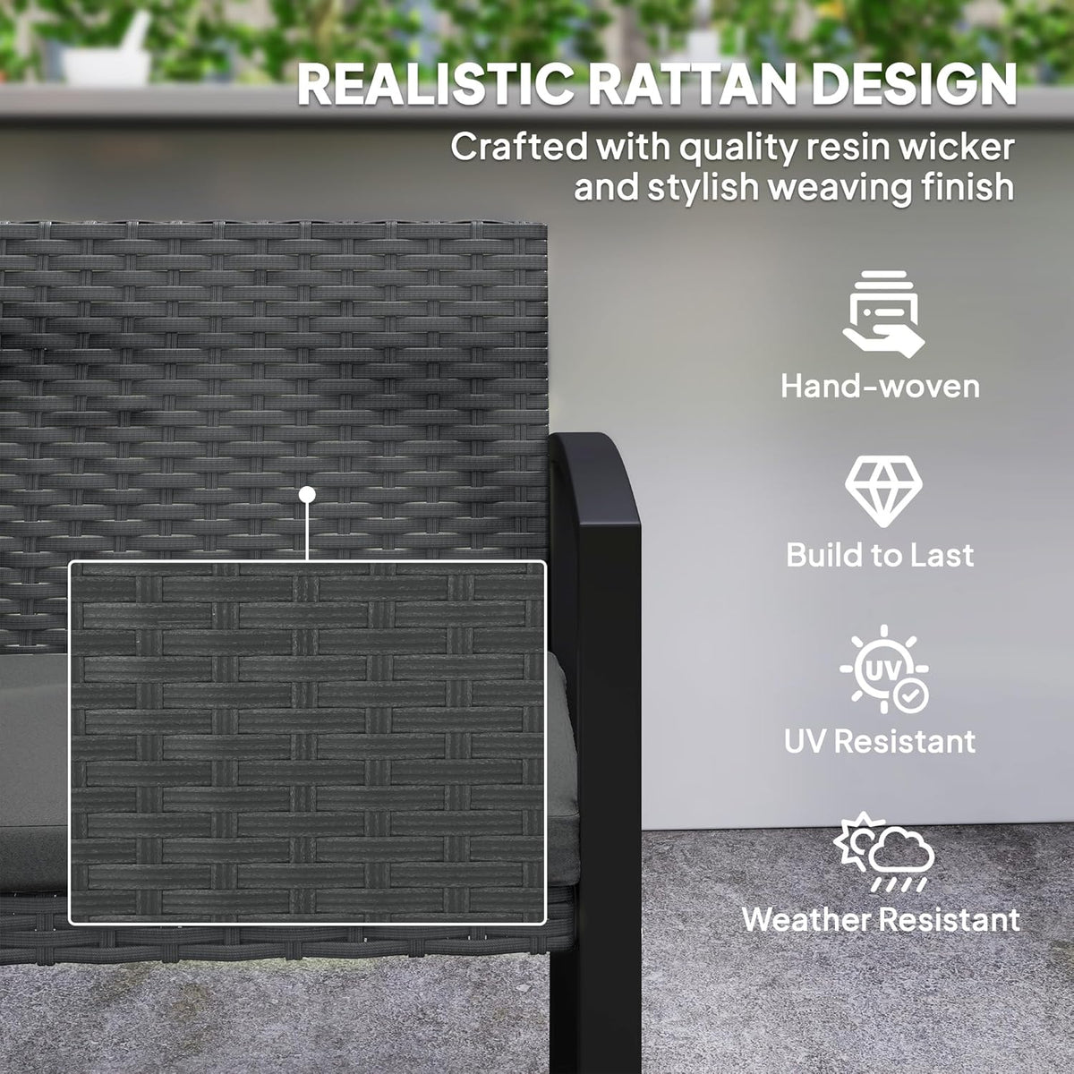 Outsunny Rattan Garden Bench 2 Seater Garden Bench with Cushion, Wicker Garden Bench with Armrests, Galvanized Steel Frame for Patio, Park, Dark Grey - QUORE