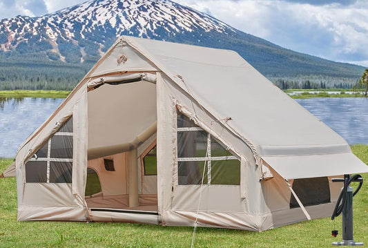 Opblaasbare tent met pomp, 4-6 personen, glamping, campingtenhuis, eenvoudige installatie, waterdichte familietenten voor 4 seizoenen, water- en winddicht, opblaasbare campingtent met gaasvensters